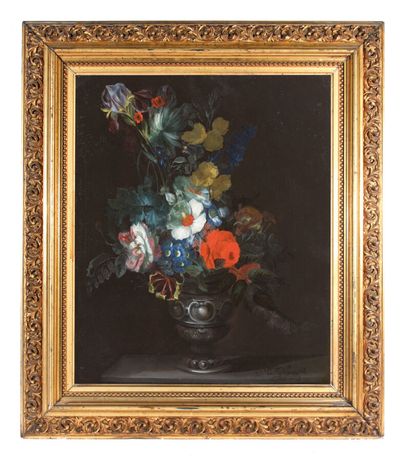 null IN THE TASTE OF VAN HUYSUM 
Bouquet of flowers in a bronze vase on an entablature
Canvas...