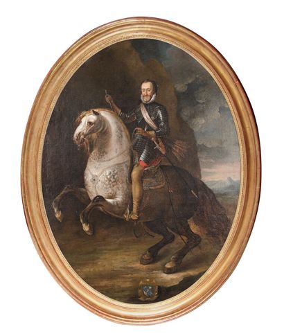 null FRENCH SCHOOL CIRCA 1700*
Portrait of King Henry IV on horseback
Oval canvas.
116...