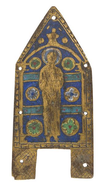 null ENAMELLED COPPER PLATE
decorated with a haloed saint in a frame of pastilles,...