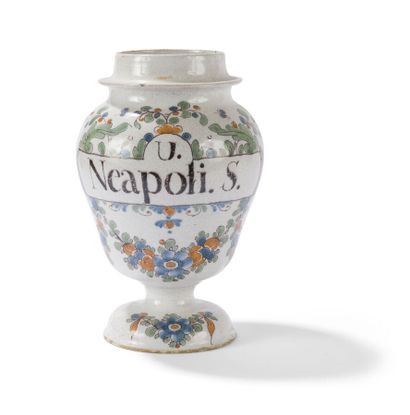 null BORDEAUX
TWO PHARMACY POTS OF BALUSTER FORM 
with polychrome decoration of inscriptions...