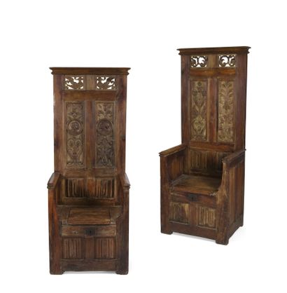 null TWO CATHEDRALS IN CARVED OAK
with high back and decoration of birds and foliage,...