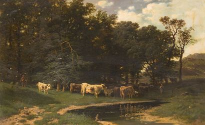 null Francesco LOJACONO (1841-1915)*
Herd of cows at the river
Oil on cardboard,...