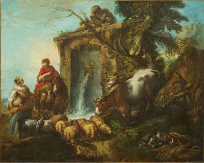 null François BOUCHER (1703-1770)
Couple de bergers près d'une fontaine
Toile.
60...