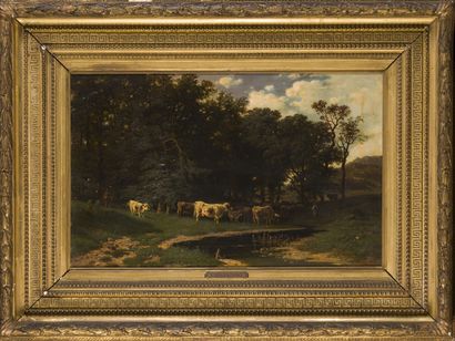null Francesco LOJACONO (1841-1915)*
Troupeau de vaches à la rivière
Huile sur carton,...