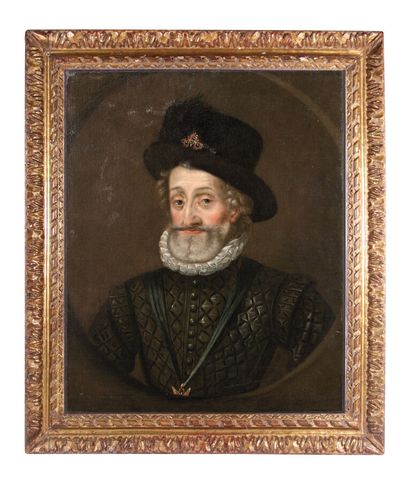 null ÉCOLE FRANÇAISE DU XVIIIe*
Portrait d'Henri IV en buste dans un ovale peint
Toile.
Étiquette...