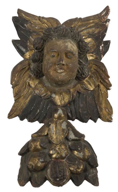 null TWO PIECES OF PAINTED AND GILDED WOOD PANELING
decorated with angel heads and...