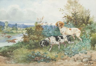 null Hippolyte GIDE (1852-1921)*
Chiens à l'affût - Chiens au rapport
Deux aquarelles...