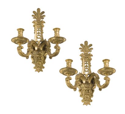 null PAIR OF GILT BRONZE SCONCES
decorated with a mask of a bearded man, with two...