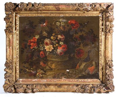 null Attribué à Peter CASTEELS III (1684-1749)
Paon et corbeille de fleurs ; Tourterelle...