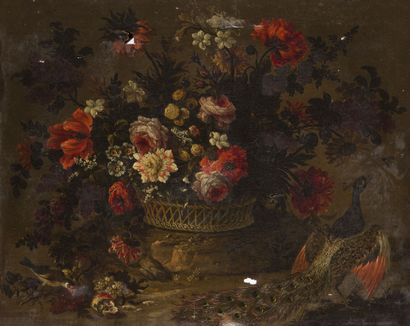 null Attribué à Peter CASTEELS III (1684-1749)
Paon et corbeille de fleurs ; Tourterelle...