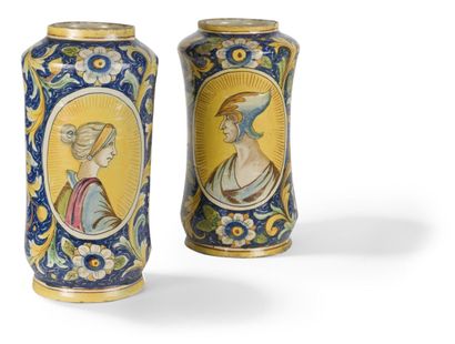 null ITALY
PAIR OF ALBARELLI IN EARTHENWARE
with polychrome decoration of portraits...