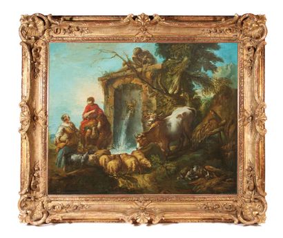null François BOUCHER (1703-1770)
Couple de bergers près d'une fontaine
Toile.
60...