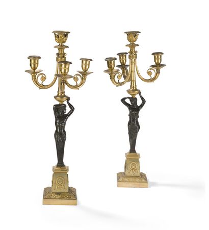 null PAIRE DE CANDÉLABRES EN BRONZE PATINÉ ET BRONZE DORÉ
à quatre lumières.
XIXe...