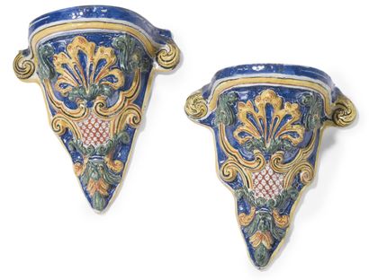 null ROUEN
PAIR OF BRACKETS IN EARTHENWARE
decorated in relief and polychrome on...