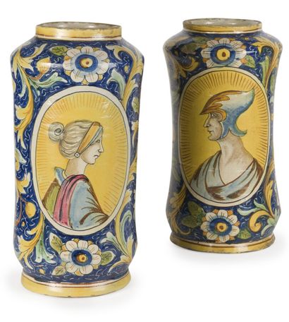 null ITALY
PAIR OF ALBARELLI IN EARTHENWARE
with polychrome decoration of portraits...
