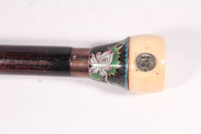 null Cane whistle, the shaft out of wooden, the knob out of silver, enamel cloisonné...