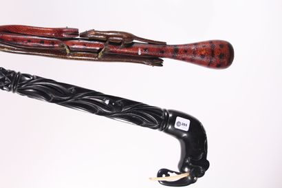 null Monoxyle cane in painted wood carved with a snake, a lizard and a mouse, African...
