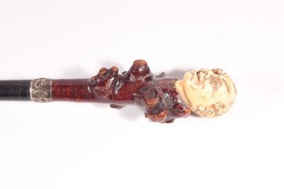 null Cane, the shaft in black wood decorated with a silver ring, pommel in briar...