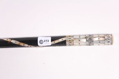 Cane in black wood with mother-of-pearl inlay,...
