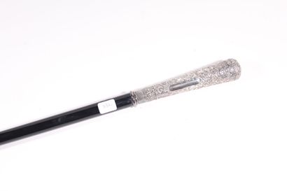 Cane, black wood shaft, long silver plated...