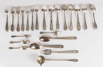 null A set of silver plated flatware of various designs, mostly Art Deco including:...