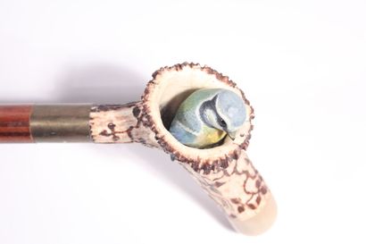 null Cane in exotic wood, knob in andouiller carved of a painted titmouse and finished...