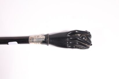 null French cane, black wood shaft, silver ring decorated with flowers, the knob...