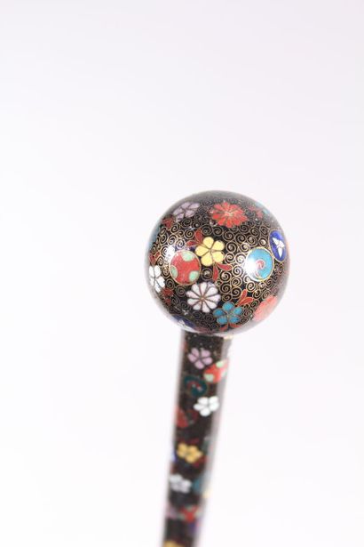 null Long cane, the shaft in black wood, round knob in cloisonné enamel with polychrome...