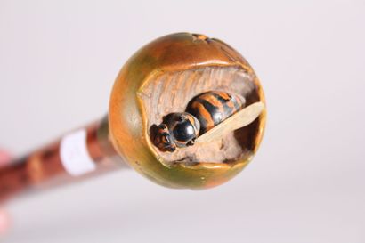 null Cane, the round handle out of carved and painted wood with decoration of a wasp...