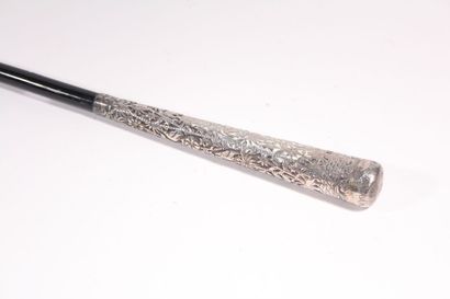 null Fine sword cane, black wood shaft, long silver pommel decorated with exotic...