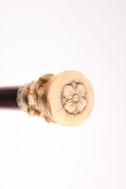 null Cane, the shaft in exotic wood, pommel Milord in ivory carved with flowers,...