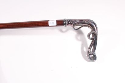 null Cane, the shaft in mahogany, the knob square in silver 925 milièmes with plant...