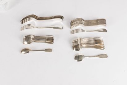 null Set of silver plated flatware : twelve dessert forks, nine small spoons, twelve...