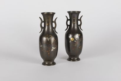 Pair of bronze vases with copper, silver...