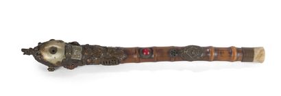 Opium pipe in bamboo, copper and stone inlays...