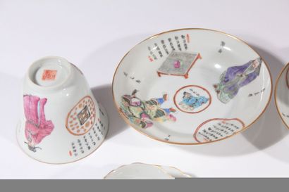 null Three cups and five saucers 
China, late 19th century
Decorated with dignitaries...