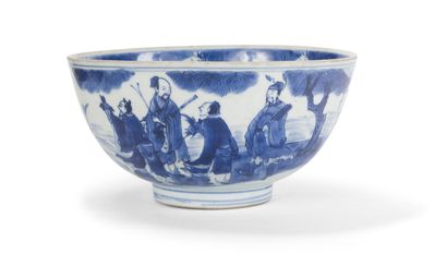 null Bol en porcelaine bleu blanc 
Chine, époque Kangxi (1662-1722)
Hémisphérique,...