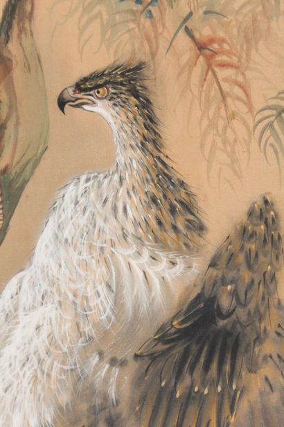 null Peinture à l'encre et gouache sur soie 
Japon, XXe siècle
A décor d'un aigle...