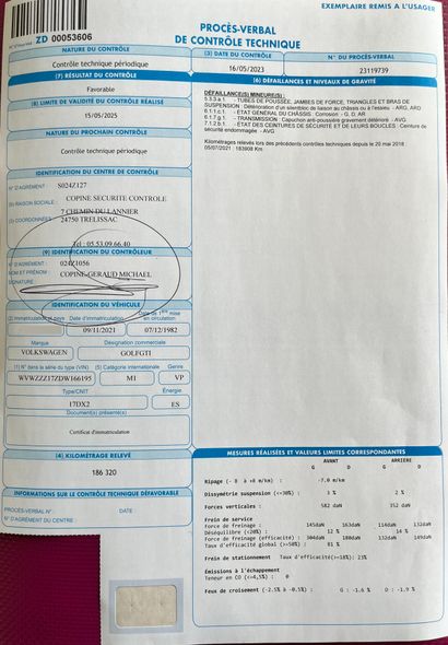 null VW Golf GTi, type 17DX2, 07/12/1982, coach 3 portes, carte grise française,...