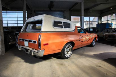 null Ford Ranchero 500, 1973, 2-seater pickup with hard top on rear, orange color....
