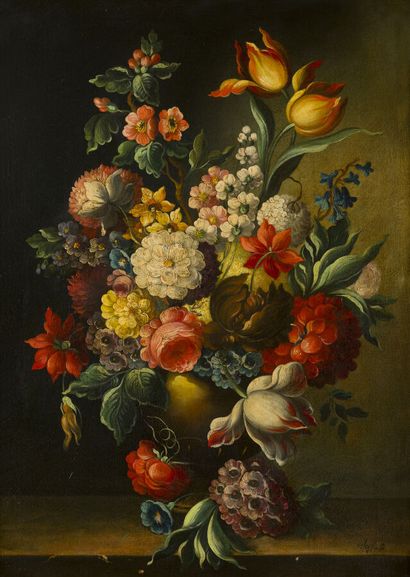 null ÉCOLE MODERNE DANS LE GOÛT DU XVIIème SIÈCLE 
Composition au bouquet de fleurs
Toile,...
