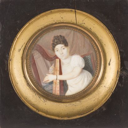 null Ecole française début XIXème siècle, Portrait de femme jouant de la harpe, miniature...