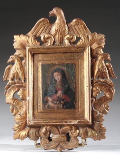 ECOLE ITALIENNE DU XVIIème SIECLE Vierge à l'Enfant Huile sur toile marouflée, 30...