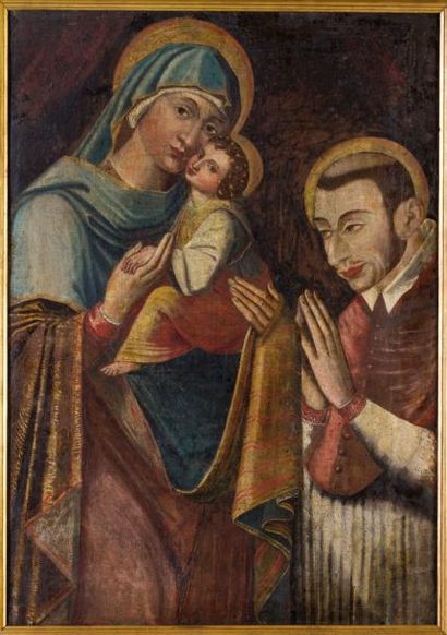 École italienne Vierge à l'Enfant et Charles Borromaïus Toile 100 x 71 cm (resta...