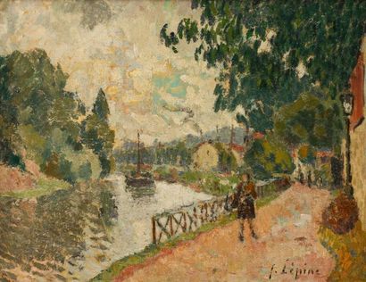 Joseph LEPINE (1867-1943) Promenade en bord de rivière Huile sur carton, signée en...