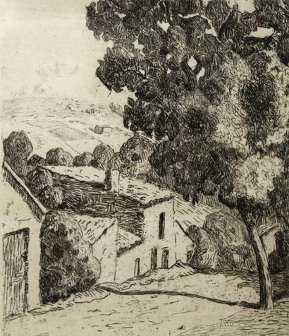 Joseph LEPINE (1867-1943) Paysage plein soleil Gravure à l'eau-forte 21,5 x 18 c...
