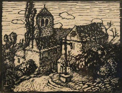 Joseph LEPINE (1867-1943) Place de village (Corrèze) Gravure sur bois Dim. à la vue...