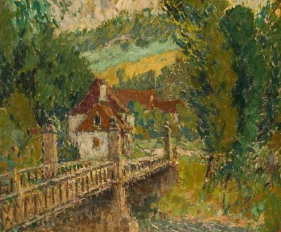 Joseph LEPINE (1867-1943) Au bout du pont (Pont de Basteyroux, Corrèze) Huile sur...