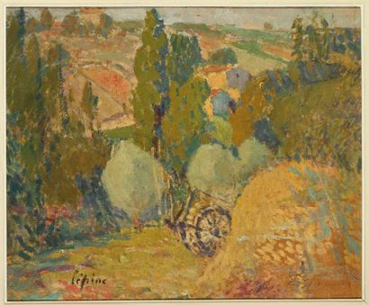 Joseph LEPINE (1867-1943) Paysage avec meule et charrette Huile sur carton marouflé...