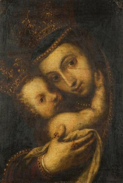 ECOLE D'AMÉRIQUE LATINE DU XVIIÈME SIÈCLE Vierge à l'Enfant Huile sur toile marouflée...